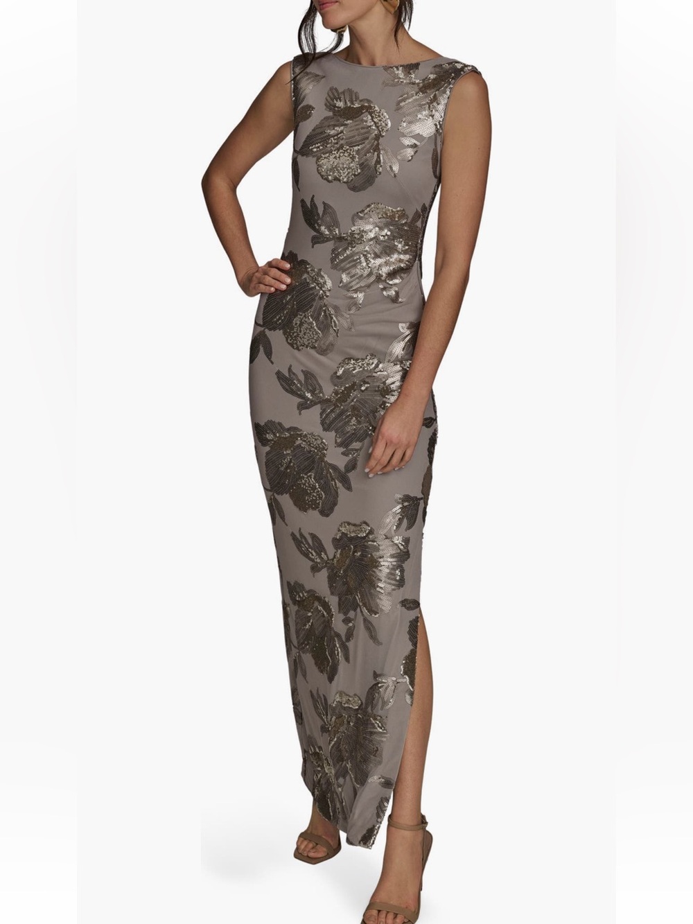 Donna Karan Taupe Sequin Floral Gown